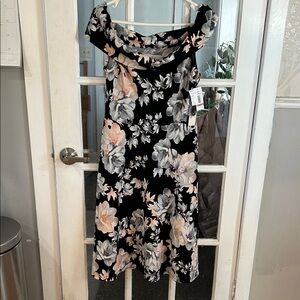 404.    Nicole Miller Black Midi Dress with Blush and Gray Floral Print